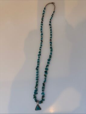 Turquoise Chip sterling silverBead Necklace with Triangle Pendant - Women's